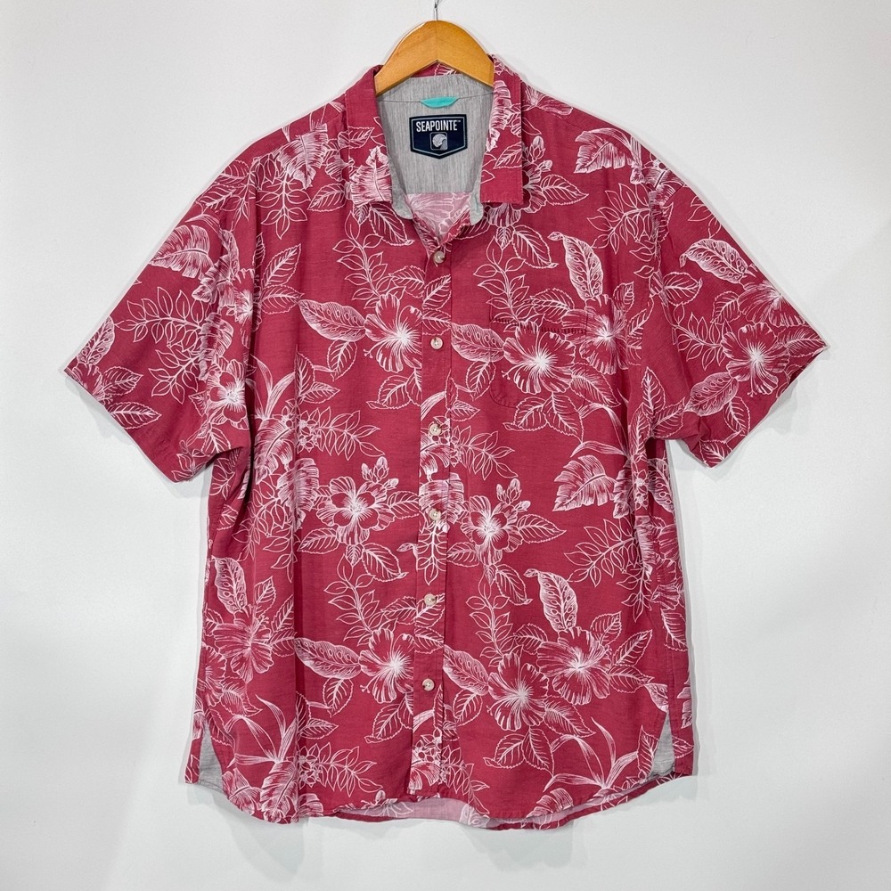 Seapointe Hawaiian Shirt Men XXL Pink Floral Tropical Button Up Beach Resort